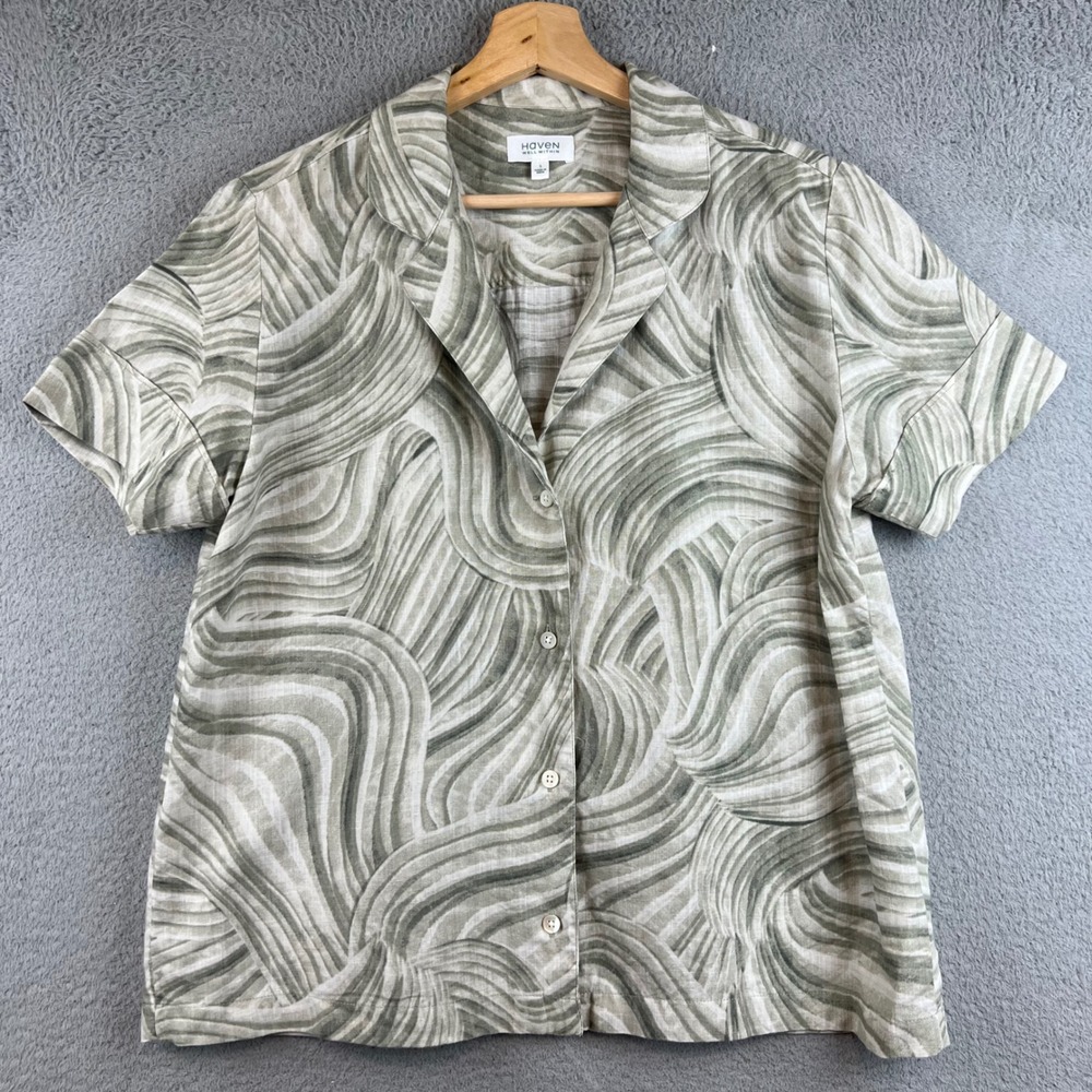 Haven Well Within Linen Cotton Abstract Swirl Button Down Shirt Green Small